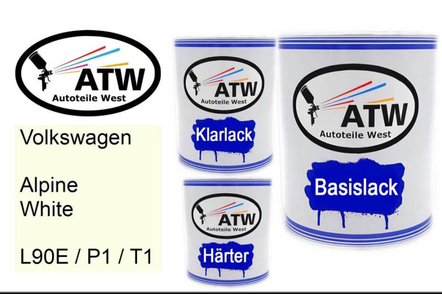 Volkswagen, Alpine White, L90E / P1 / T1: 1L Lackdose + 1L Klarlack + 500ml Härter - Set, von ATW Autoteile West.
